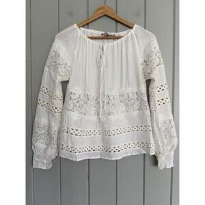 For Love & Lemons Hayley Top Ivory Eyelet Lace Boho Peasant Gathered Neck